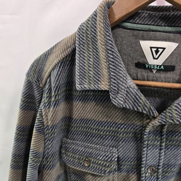 Vissla Shirt Mens Medium Brown Gray Fleece Stripe Button Up Long Sleeve Shacket - Picture 2 of 13
